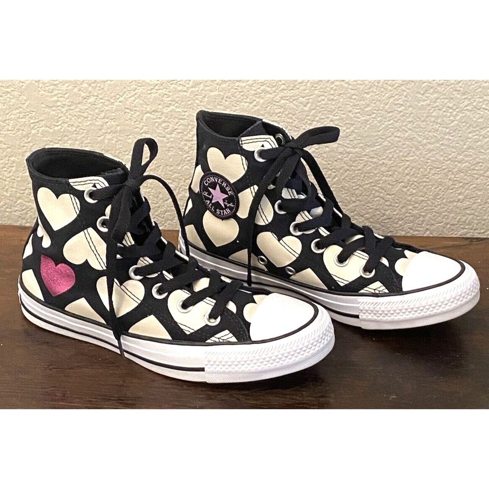 Converse Black High Top Sneakers with Cream Hearts and Pink Accent